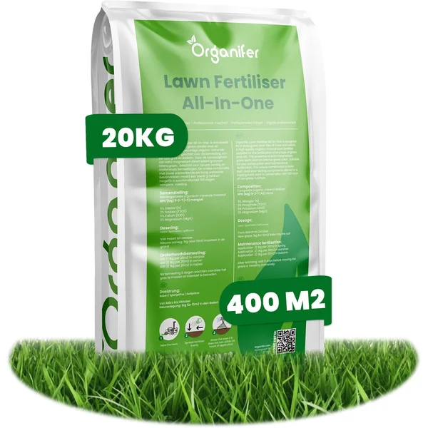 Gazonmest All-In-One (20kg, 400m2) - Voor een Diepgroen Sterk Gazon Zonder Mos en Onkruid - Gazonmeststof - Gazon Kalk - Meststof Gazon - Gras Mest - Bodemverbeteraar - Organifer