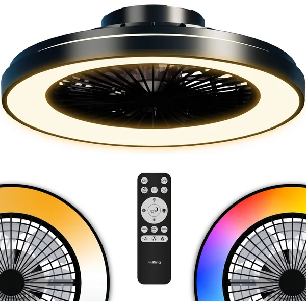 Airking Plafondventilator - Stille Ventilator met Afstandsbediening 48,5cm - LED 40W Dimbaar - 3000K-6500K - Zomer en Winterstand Zwart