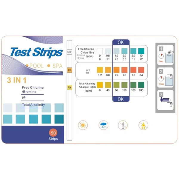 CVD® High Quality Teststrips zwembad 3 in 1 - PH en Chloor - 3 in 1 Zwembad / Jacuzzi Test strips - 50 STUKS 3-in-1 -- Zwemwater kwaliteit -- Zwembadonderhoud -- PH Strips Test: 1. Vrije Chloor 2. PH waarde 3. Alkaliteit
